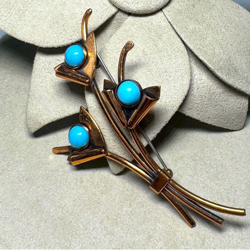 Vintage Matisse Renoir Blue Glass Cabochon on Copper Brooch